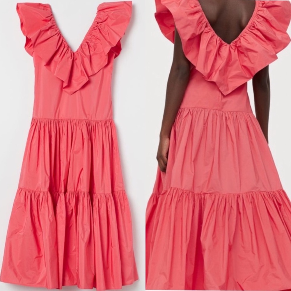 H&M Ruffle Trimmed Taffeta Dress in Coral Pink XS